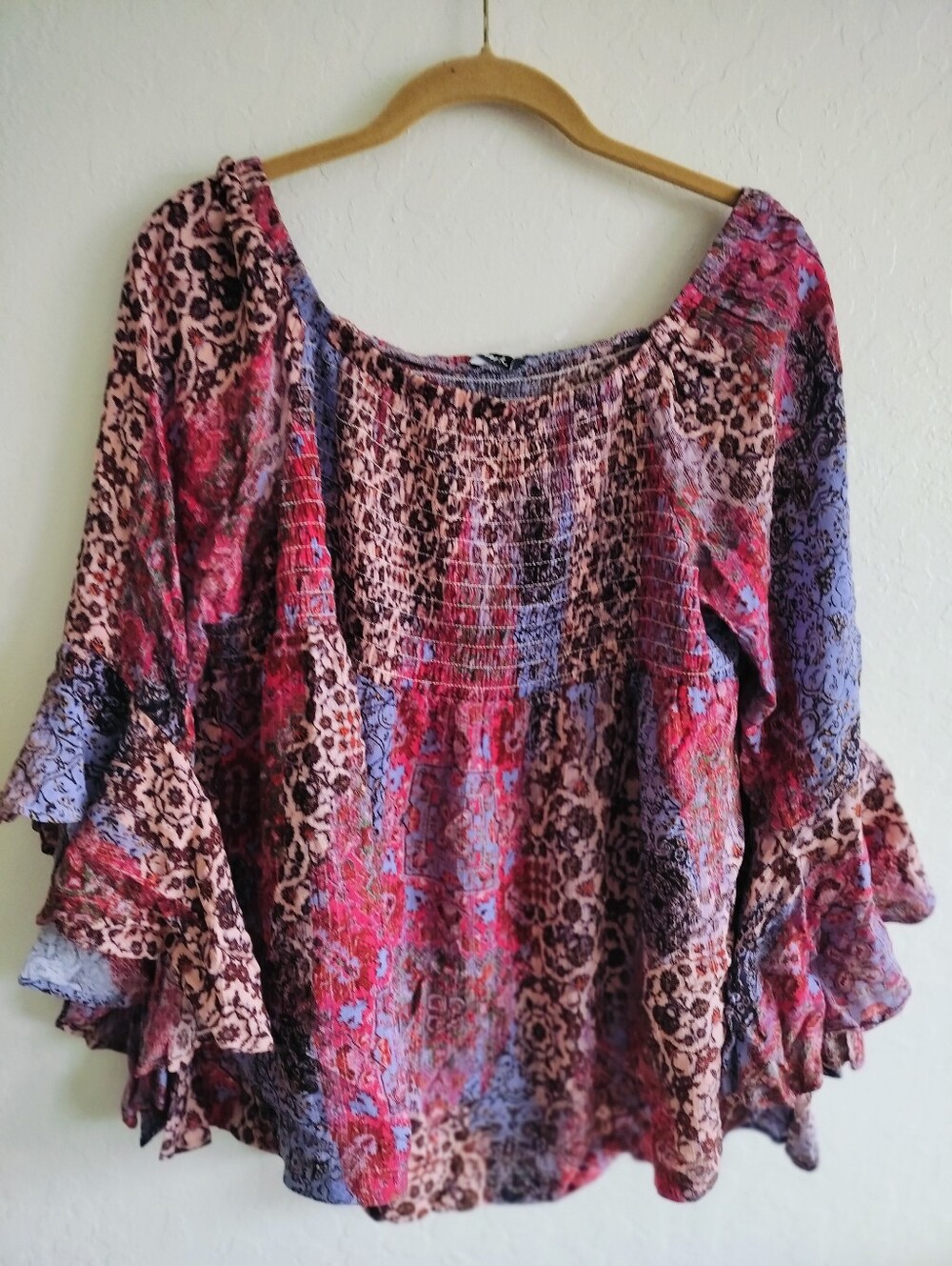 Mark. Boho Patchwork Print 100% Rayon Smocked Peasant Top Size Large